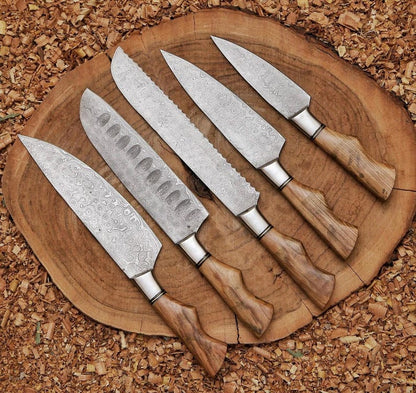 Chef Set, Handmade Damascus Steel Chef Knife Set, Hand Forged Kitchen Knife Set