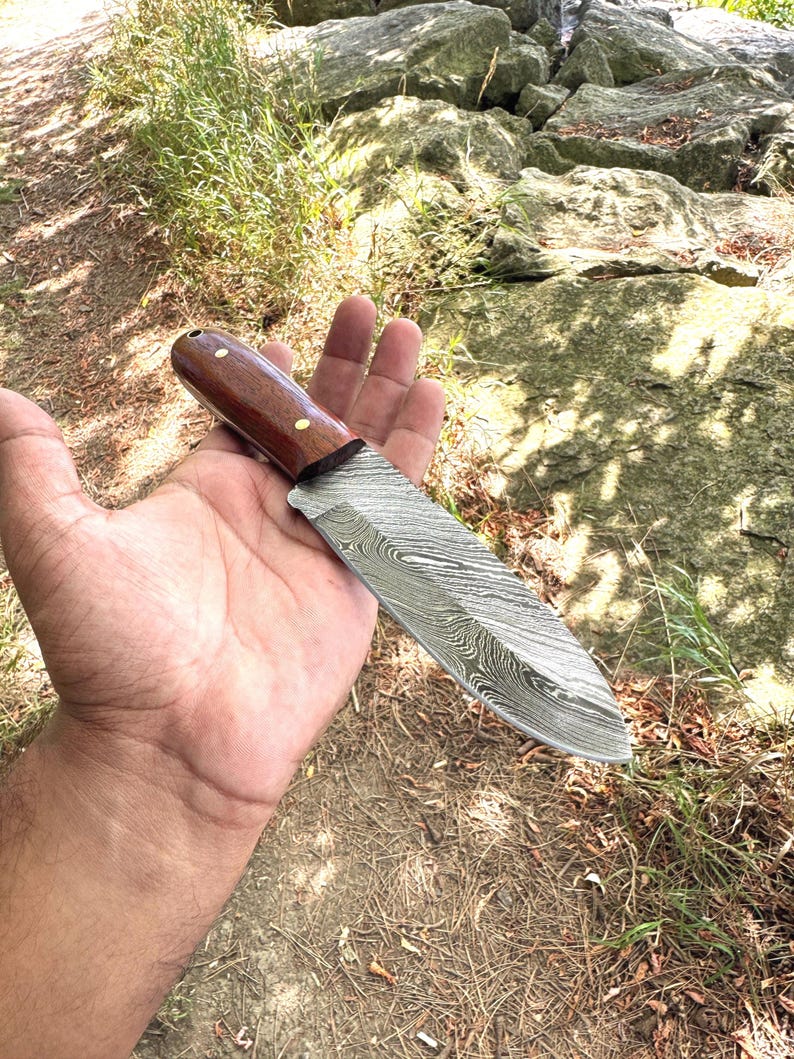 Damascus Kephart Knife with leather sheath | Handmade FULLTANG Roswood Skinner