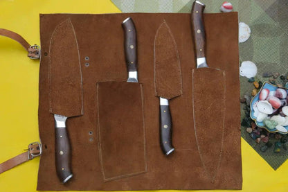 4 Piece Handmade Chef Knife Set, 4 Piece Damascus Steel Knife Set, Kitchen Knife Set with Leather Cover