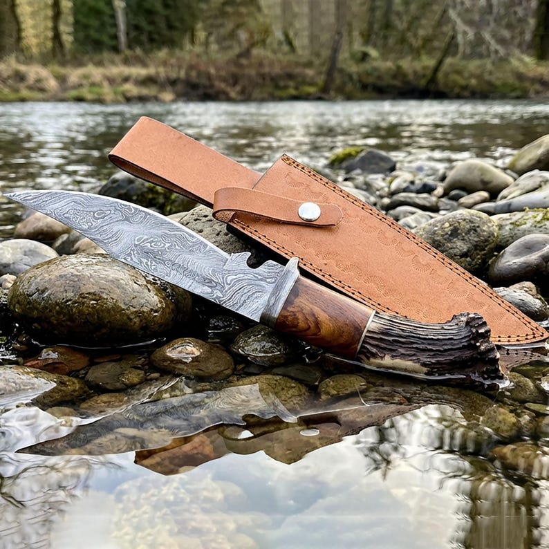 Custom Damascus Hunting Knife: Handmade Stag Horn Handle