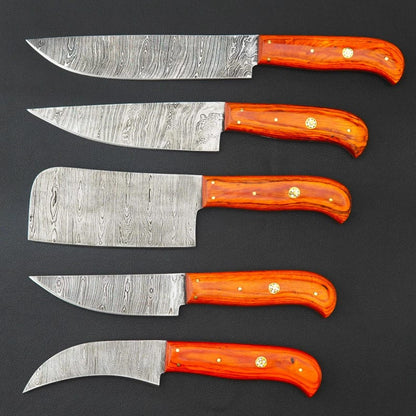 Damascus Steel 5-Piece Chef Knife Set | Handmade BBQ Kitchen Knife Collection