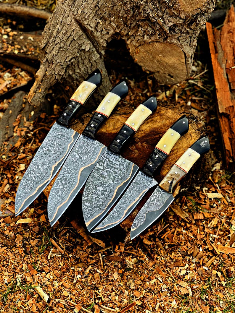 Handmade Damascus cooper Chef Knife Set, Hand forged Kitchen knives