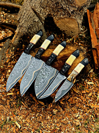Handmade Damascus cooper Chef Knife Set, Hand forged Kitchen knives