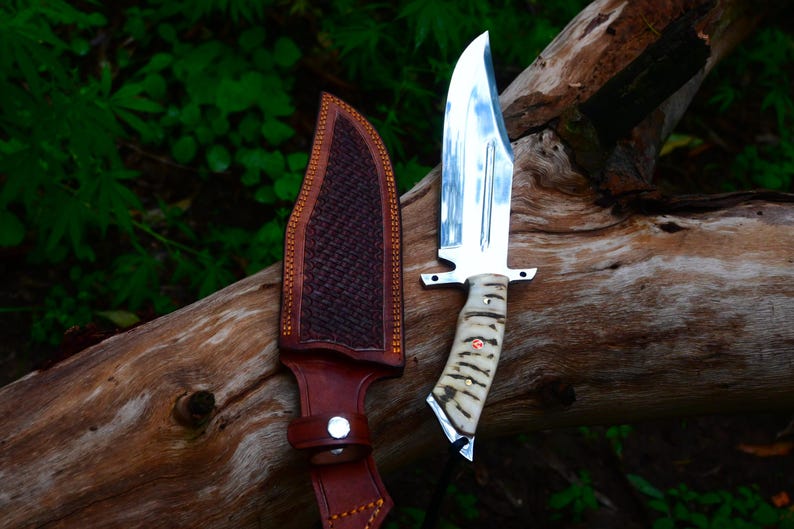 Handmade Carbon Steel Hunting Knife, Ram Horn Handle, Cowhide Sheath