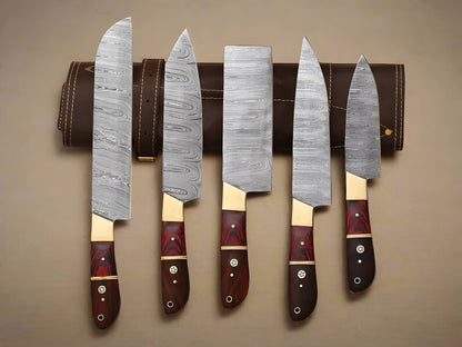 Hand Forged Damascus Steel Chef Knives Set - Exotic Wood Handles