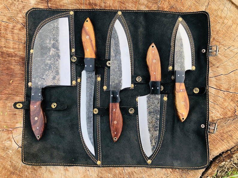 Hand Forged Carbon Steel Chef's Knife Set of 5 BBQ Knife Kitchen Knives