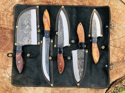 Hand Forged Carbon Steel Chef's Knife Set of 5 BBQ Knife Kitchen Knives