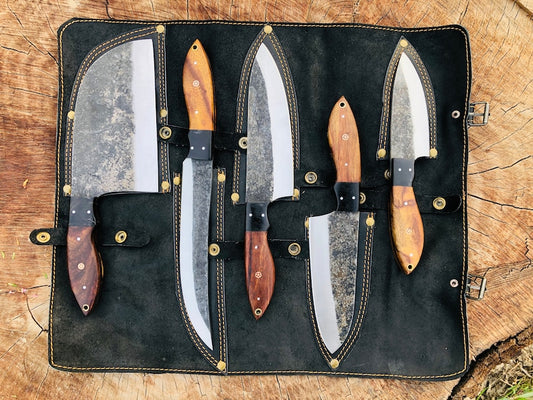Hand Forged Carbon Steel Chef's Knife Set of 5 BBQ Knife Kitchen Knives