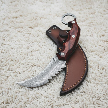 Handmade Damascus Karambit Knife: Engraved Gift with Leather Sheath