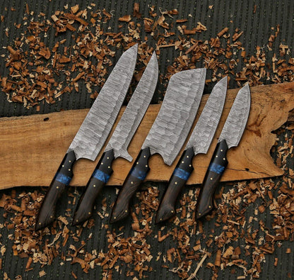 Handmade Damascus Steel Chef Knife Set 5-Piece Kitchen Knives with Leather Roll