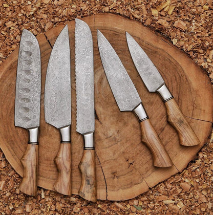 Chef Set, Handmade Damascus Steel Chef Knife Set, Hand Forged Kitchen Knife Set
