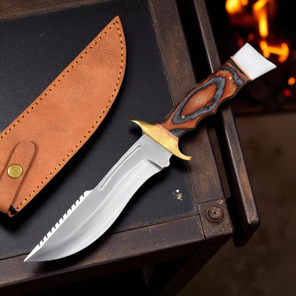 440 Stainless Steel Hunting Knife: Fixed Blade, Wood Handle & Leather Sheath