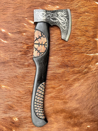 Handcrafted Viking Style Axe – Engraved Norse Head with Carved Wooden Handle
