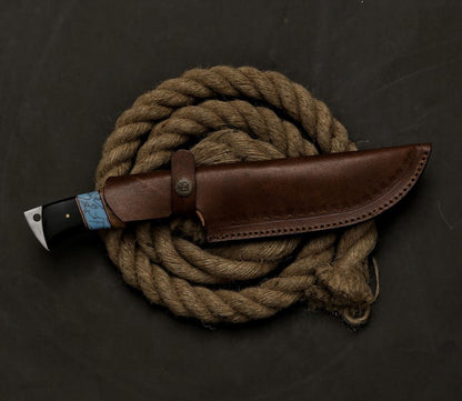 Handmade Damascus Steel Hunting Gut Hook Knife with Leather Sheath