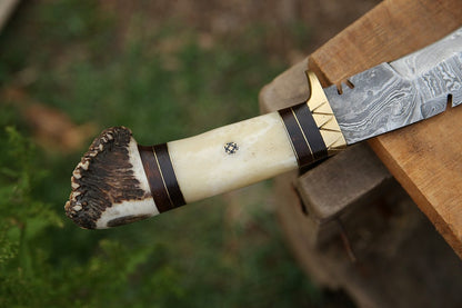 Handmade Damascus Kukri Knife with Stag Horn and Bone Handle