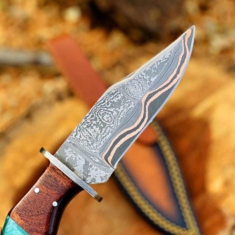 Handmade Damascus Hunting Knife, Copper Bolster, Rosewood Resin Handle