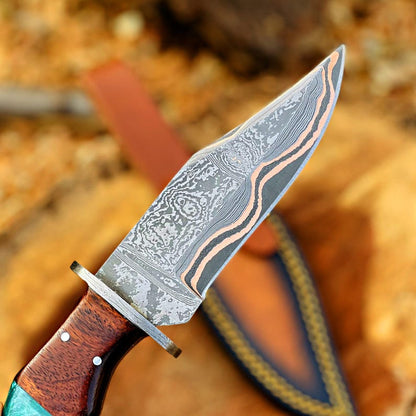 Handmade Damascus Hunting Knife, Copper Bolster, Rosewood Resin Handle