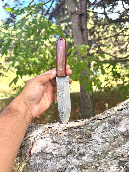 Damascus Kephart Knife with leather sheath | Handmade FULLTANG Roswood Skinner