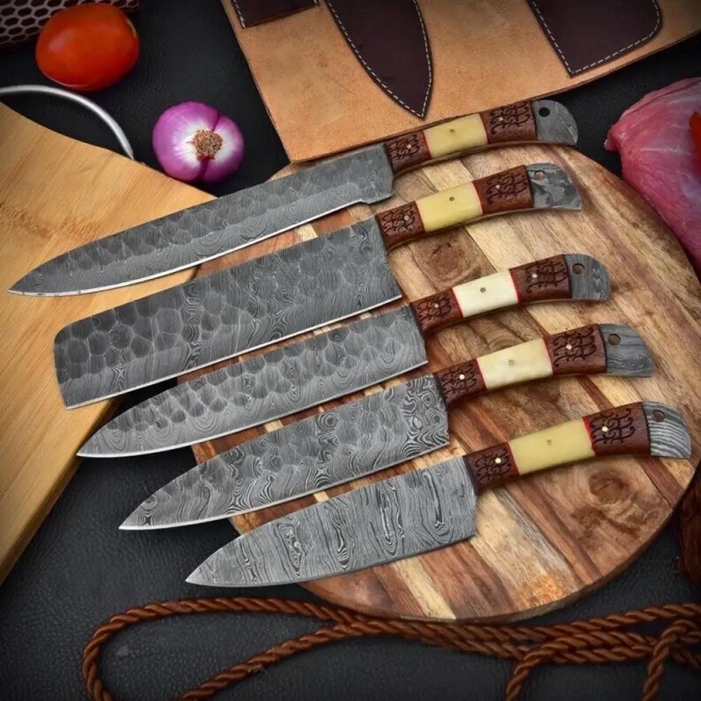 5 Pieces Custom Handmade Damascus Steel Chef Set - 5 Piece Kitchen Knives Set