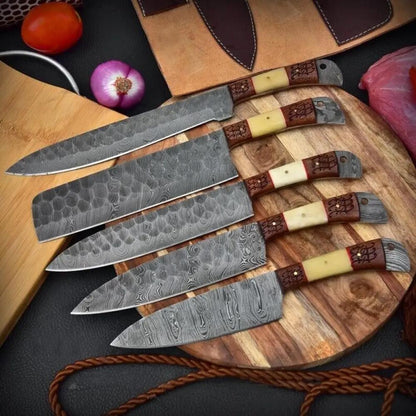5 Pieces Custom Handmade Damascus Steel Chef Set - 5 Piece Kitchen Knives Set