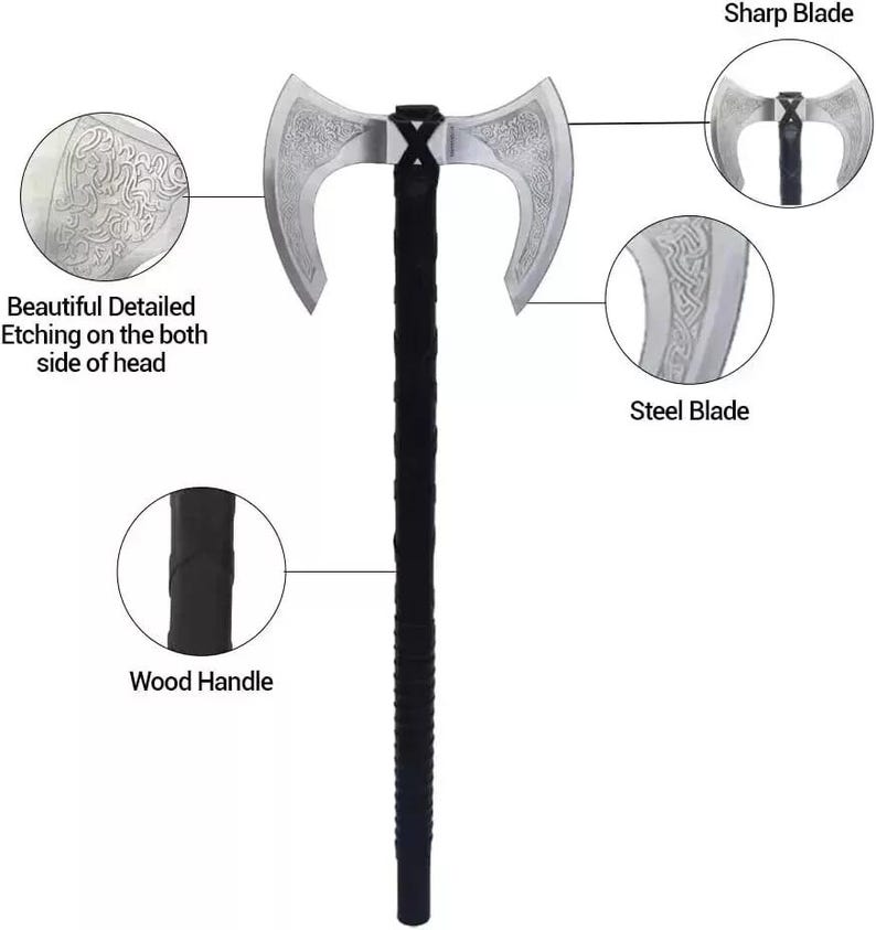 Viking Double Head Axe: Celtic Etched Carbon Steel & Ash Wood