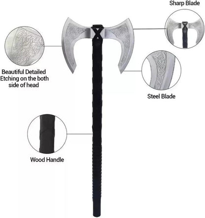 Viking Double Head Axe: Celtic Etched Carbon Steel & Ash Wood