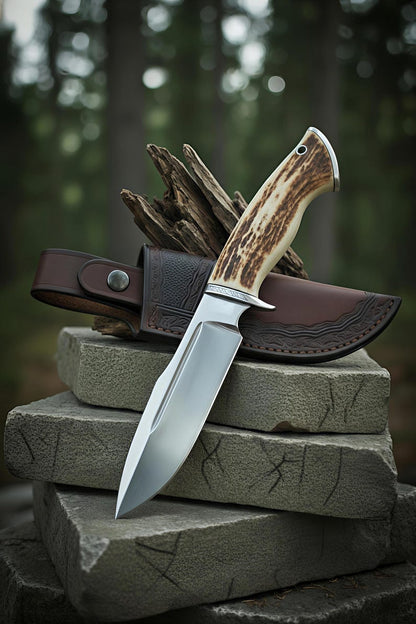 Handcrafted D2 Steel Hunting Knife: Stag Antler Handle, Leather Sheath