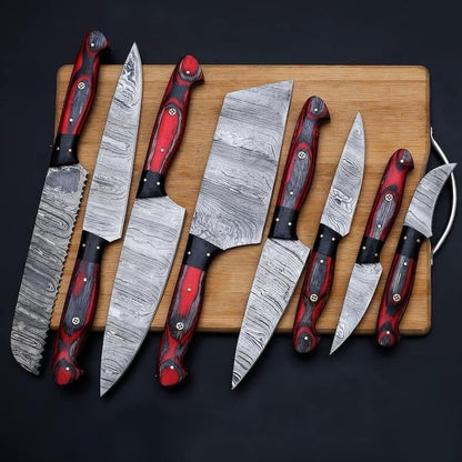 Hand Forged Damascus Steel 8 Pcs Chef Knife Set, Pakka Wood Handle & Leather Bag