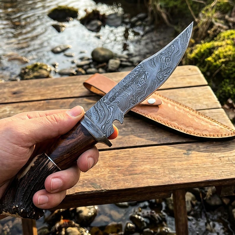 Custom Damascus Hunting Knife: Handmade Stag Horn Handle