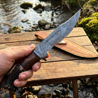 Custom Damascus Hunting Knife: Handmade Stag Horn Handle