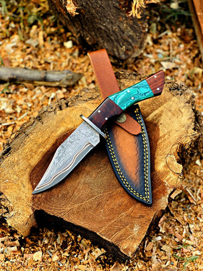 Handmade Damascus Hunting Knife, Copper Bolster, Rosewood Resin Handle