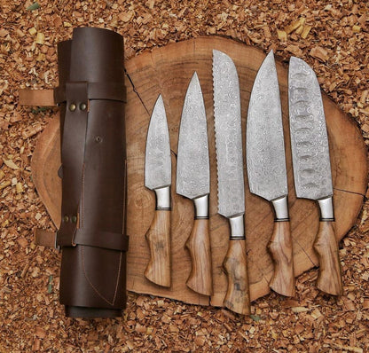 Chef Set, Handmade Damascus Steel Chef Knife Set, Hand Forged Kitchen Knife Set