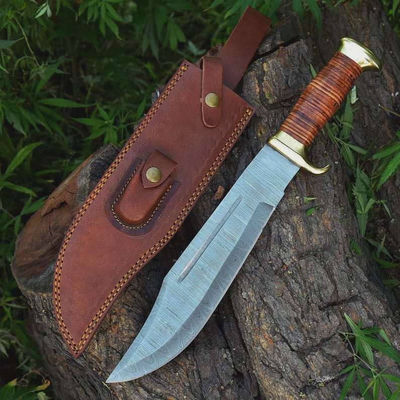 Handmade Damascus Large Crocodile Dundee Bowie Knife Hunting Fixed Blade with Leather Sheath
