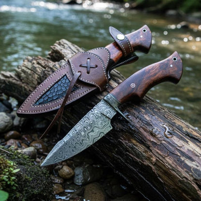 Custom Handmade Hunting Knife Rosewood Handle &amp; Leather Sheath