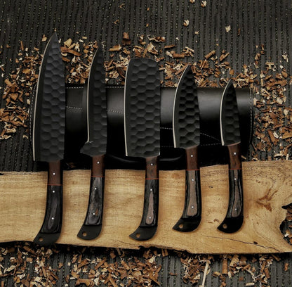 Handmade Damascus Chef Knife Set, Forged BBQ Knives, Wood Handle