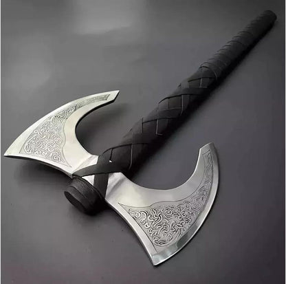 Viking Double Head Axe: Celtic Etched Carbon Steel & Ash Wood