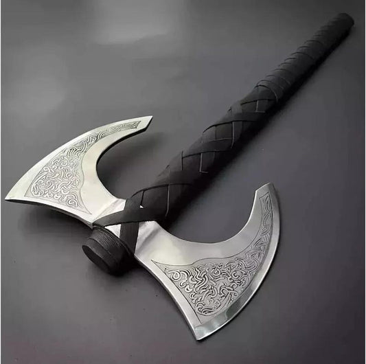 Viking Double Head Axe: Celtic Etched Carbon Steel & Ash Wood