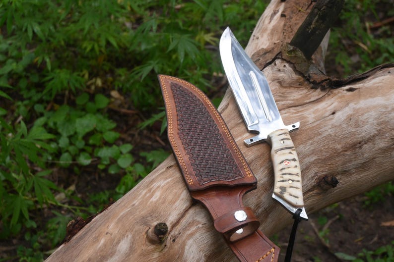 Handmade Carbon Steel Hunting Knife, Ram Horn Handle, Cowhide Sheath