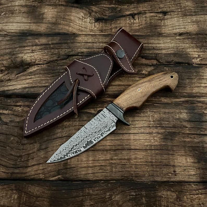 Handmade Damascus Bushcraft Hunting Knife | Outdoor Camping & Survival Knife | Rosewood Handle | Leather Sheath Included