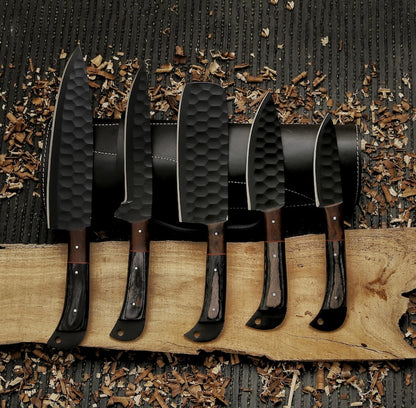 Handmade Damascus Chef Knife Set, Forged BBQ Knives, Wood Handle