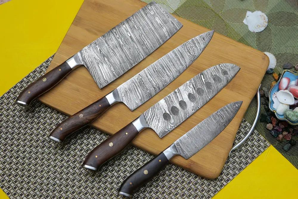 4 Piece Handmade Chef Knife Set, 4 Piece Damascus Steel Knife Set, Kitchen Knife Set with Leather Cover