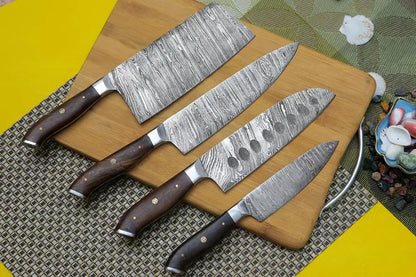 4 Piece Handmade Chef Knife Set, 4 Piece Damascus Steel Knife Set, Kitchen Knife Set with Leather Cover