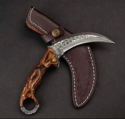 Custom Handmade Damascus Steel Karambit Hunting Knife with Leather Sheath