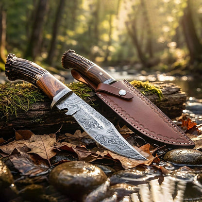 Custom Damascus Hunting Knife: Handmade Stag Horn Handle