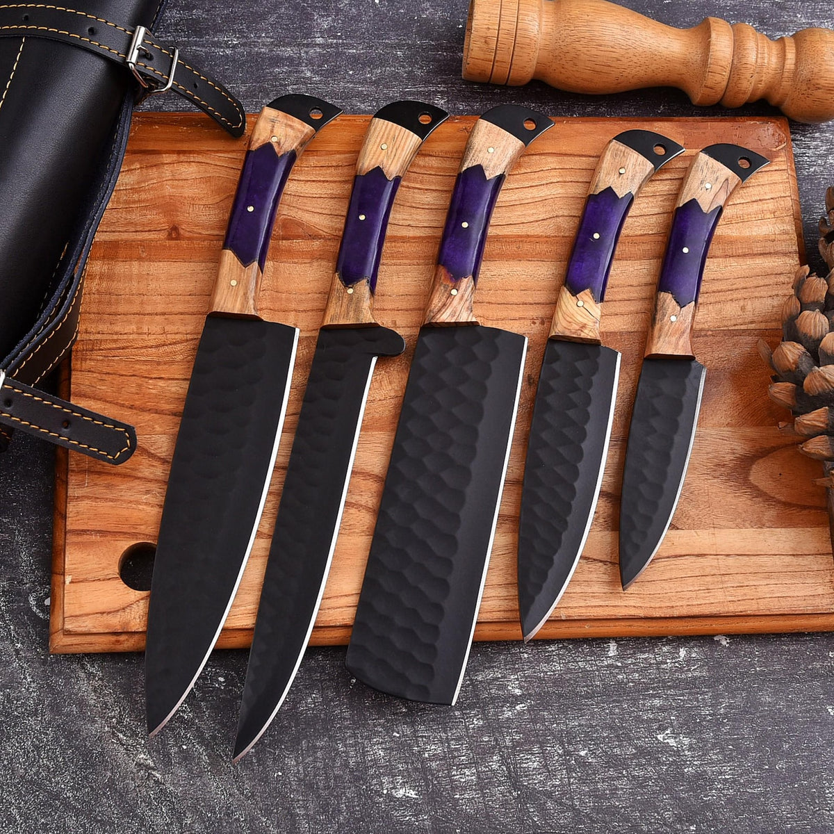 Custom Handmade Kitchen Chef Knife Set | Black Forged Kitchen Knives with Wooden Handle & Leather Roll