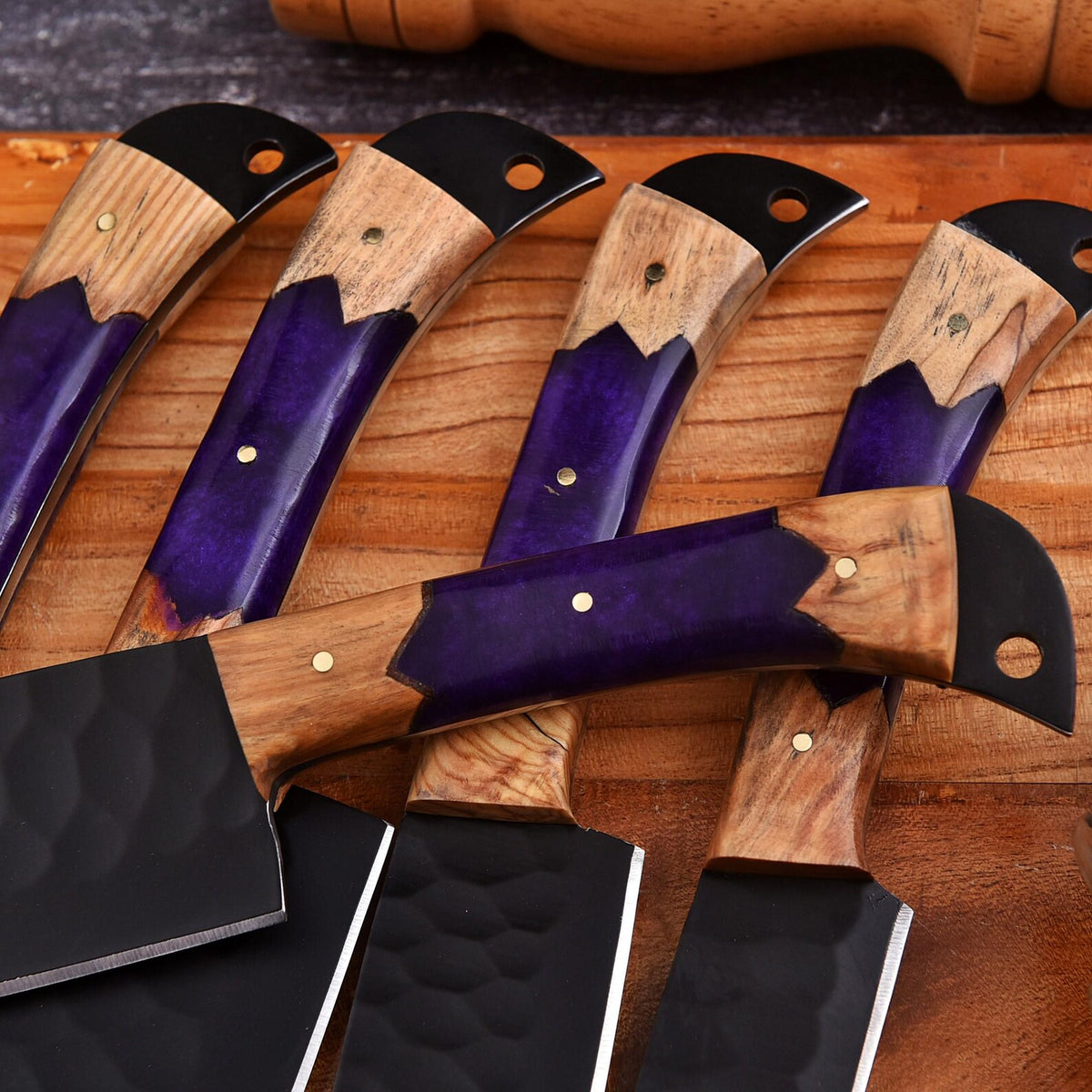 Custom Handmade Kitchen Chef Knife Set | Black Forged Kitchen Knives with Wooden Handle & Leather Roll