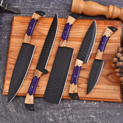 Custom Handmade Kitchen Chef Knife Set | Black Forged Kitchen Knives with Wooden Handle & Leather Roll