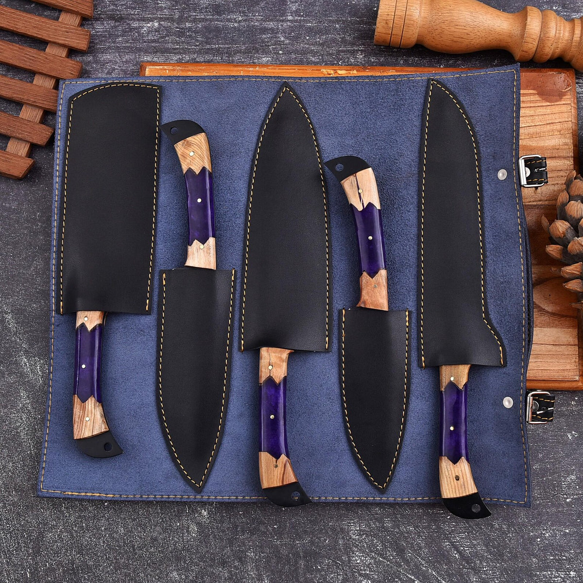 Custom Handmade Kitchen Chef Knife Set | Black Forged Kitchen Knives with Wooden Handle & Leather Roll